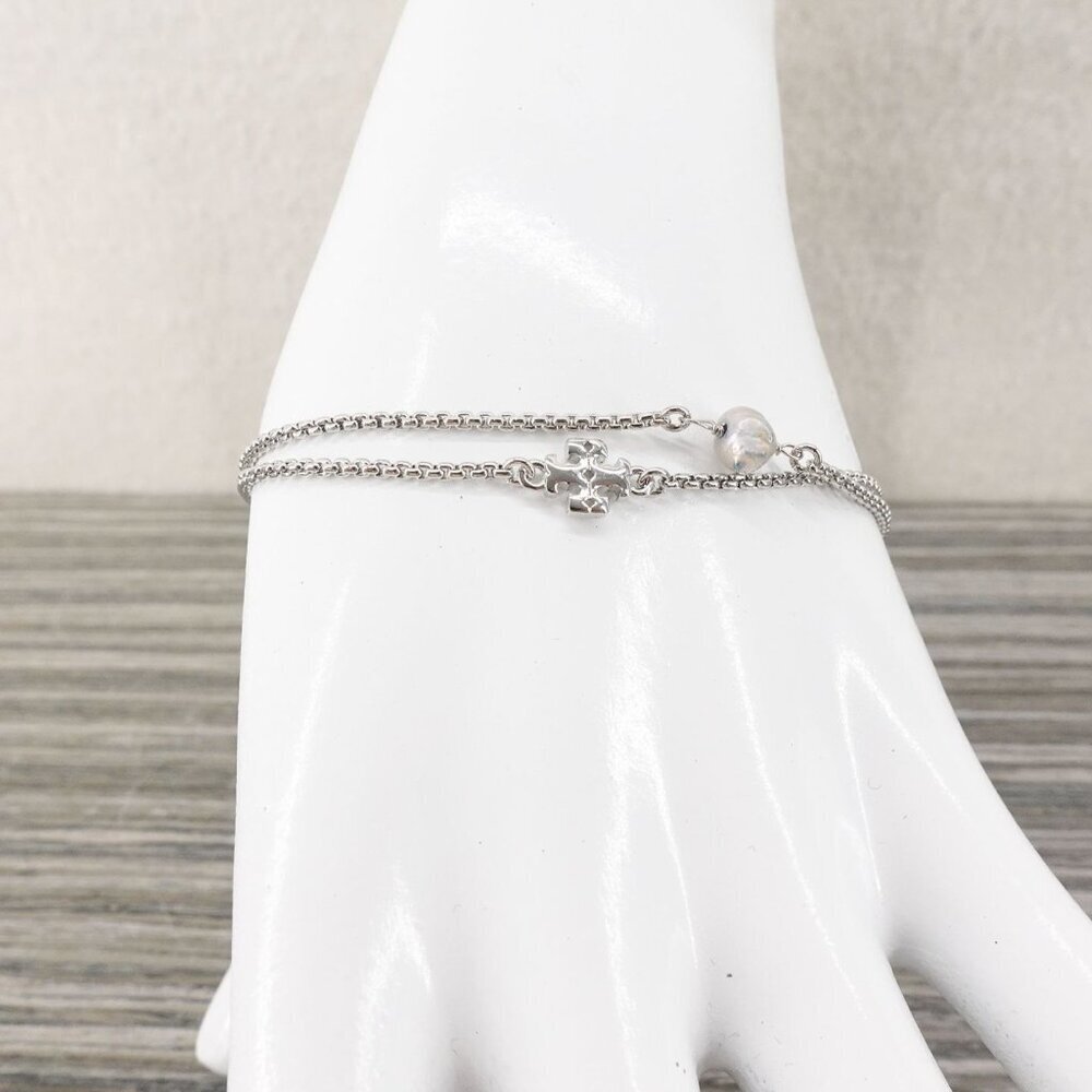 Tory Burch Logo Pearl Slider Adjustable Bracelet Silver OS - Picture 5 of 12